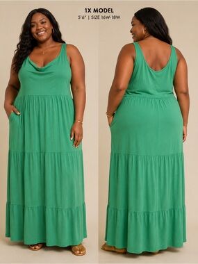 J Jason Wu Size 1X P Tiered Green Maxi/Midi Dress With Pockets Stretchy Comfort
